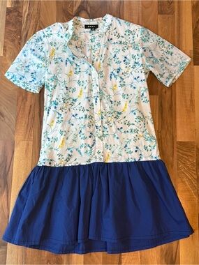DKNY White Floral Button-Front Dress with Navy Tiered Skirt